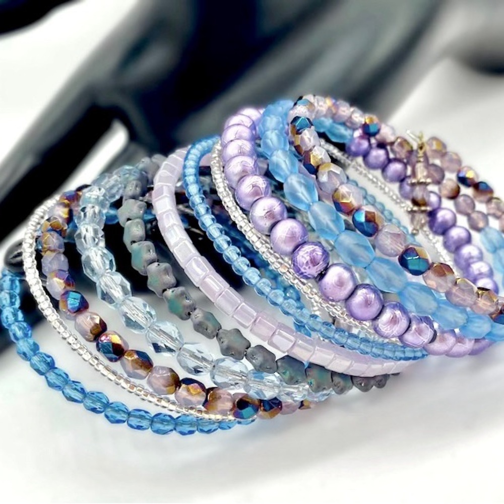 Blue crystal beaded bracelet, memory wire wrap bracelet, coil cuff bracelet